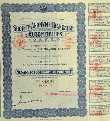 Stare akcje – Towarzystwo Automobili Francuskich SAFA, rok 1928