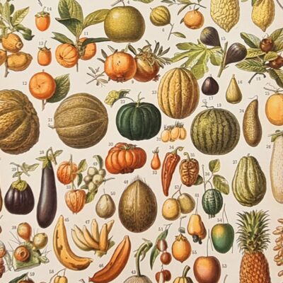 Ilustracja botaniczna  – owoce, rycina w drewnianej ramie