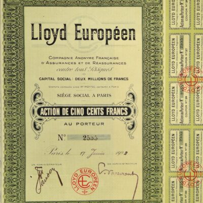 Lloyd –  Towarzystwo Ubezpieczeń i Reasekuracji, certyfikat giełdowy, 1922 rok