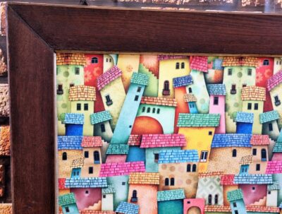 Obraz z Weluru – Kolorowe Domki w Starej Drewnianej Ramie, Dekoracja Vintage