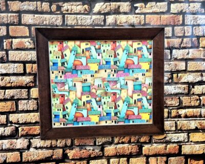 Obraz z Weluru – Kolorowe Domki w Starej Drewnianej Ramie, Dekoracja Vintage