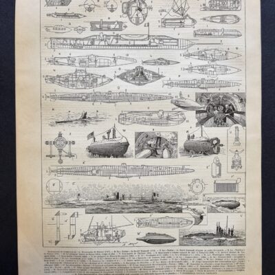 Łodzie podwodne – rycina vintage, oryginalna rycina z francuskiej encyklopedii z 1898 r.