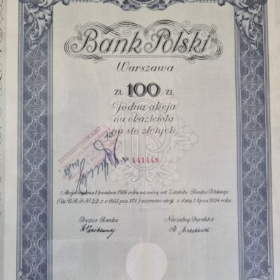 Bank polski – Warszawa. Certyfikat oryginalny z 1934 roku.