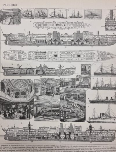 Statki wycieczkowe – oryginalna rycina z francuskiej encyklopedii z 1898 r. Nouveau Larousse Illustre