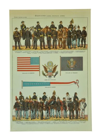 Stany Zjednoczone – Armia, Flagi, Symbole | Oryginalna rycina z 1898 roku (Nouveau Larousse Illustré)