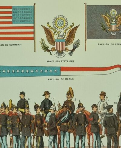 Stany Zjednoczone – Armia, Flagi, Symbole | Oryginalna rycina z 1898 roku (Nouveau Larousse Illustré)