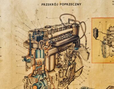 Plansza edukacyjna PRL – Silnik wysokoprężny TYP 338 (S530A1), FSC Starachowice, oryginał z ramą