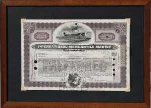 Dekoracyjny dokument finansowy marynistyka z epoki Titanica w drewnianej ramie